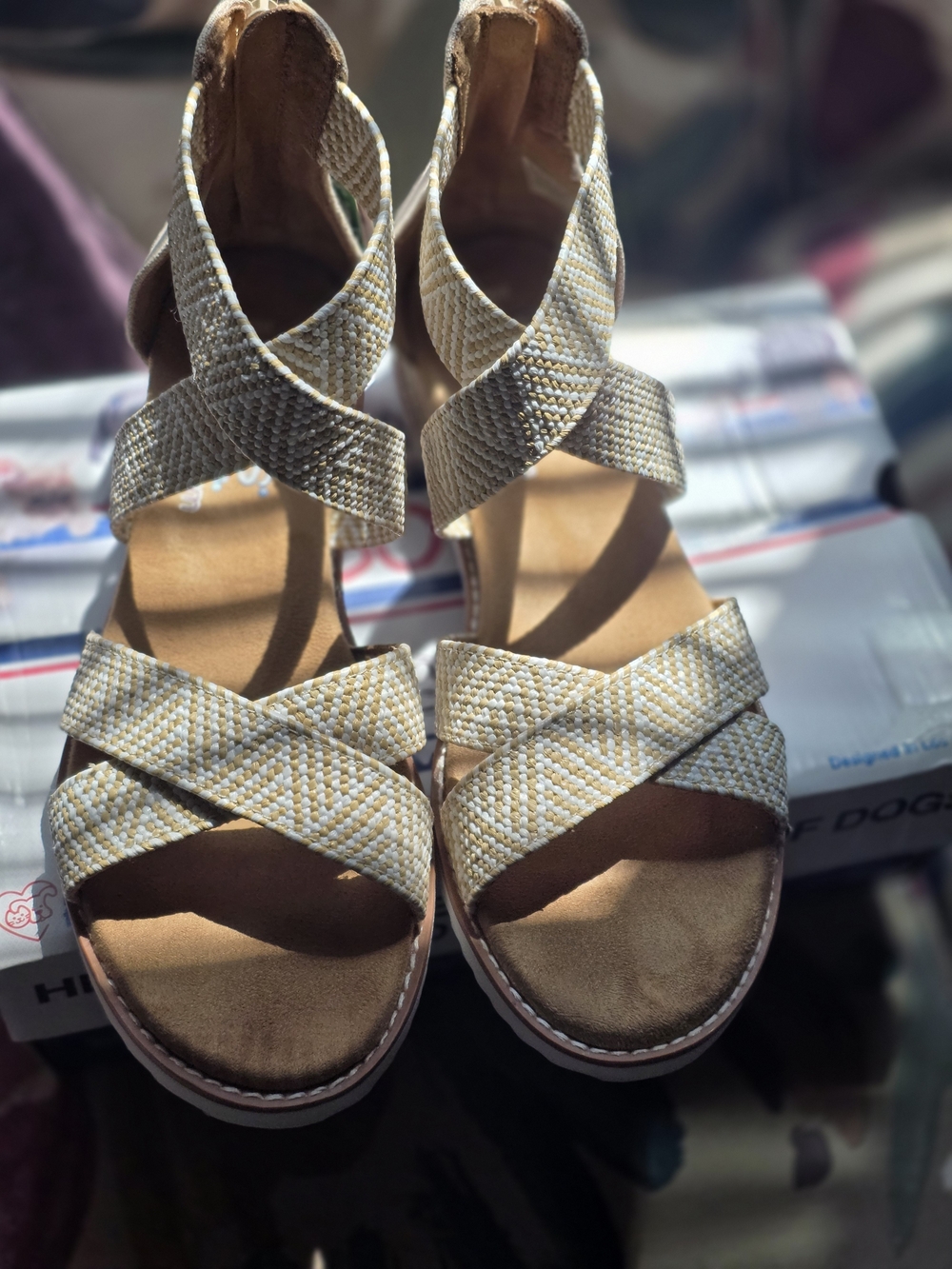 Skechers Women's Tan and Cream Crisscross Wedge Sandals